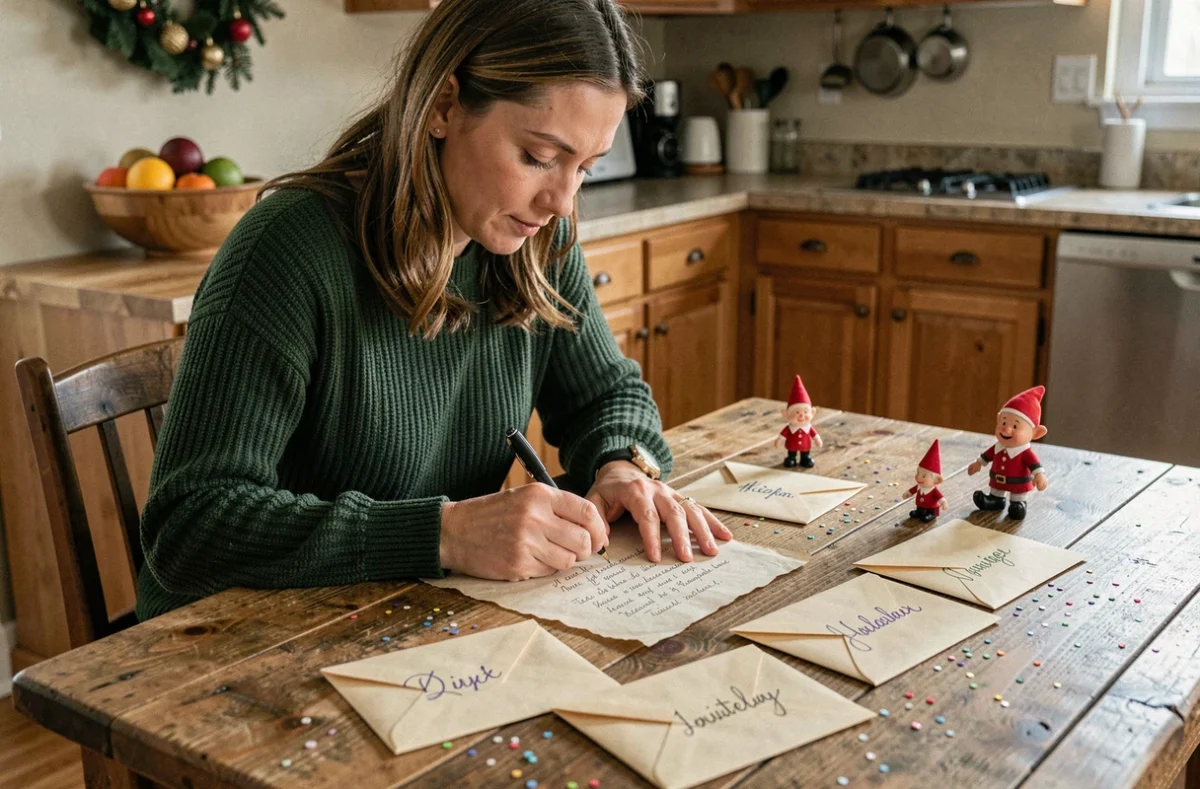 Mère écrivant des lettres de lutin personnalisées pour chaque enfant à une table de cuisine rustique décorée de petits elfes et de paillettes