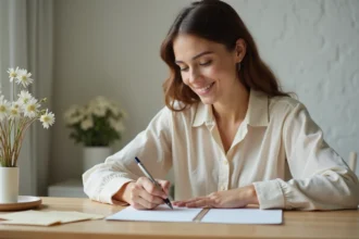 Jeune femme rédigeant un message de baptême à la main avec un stylo plume sur une carte élégante posée sur un bureau en bois