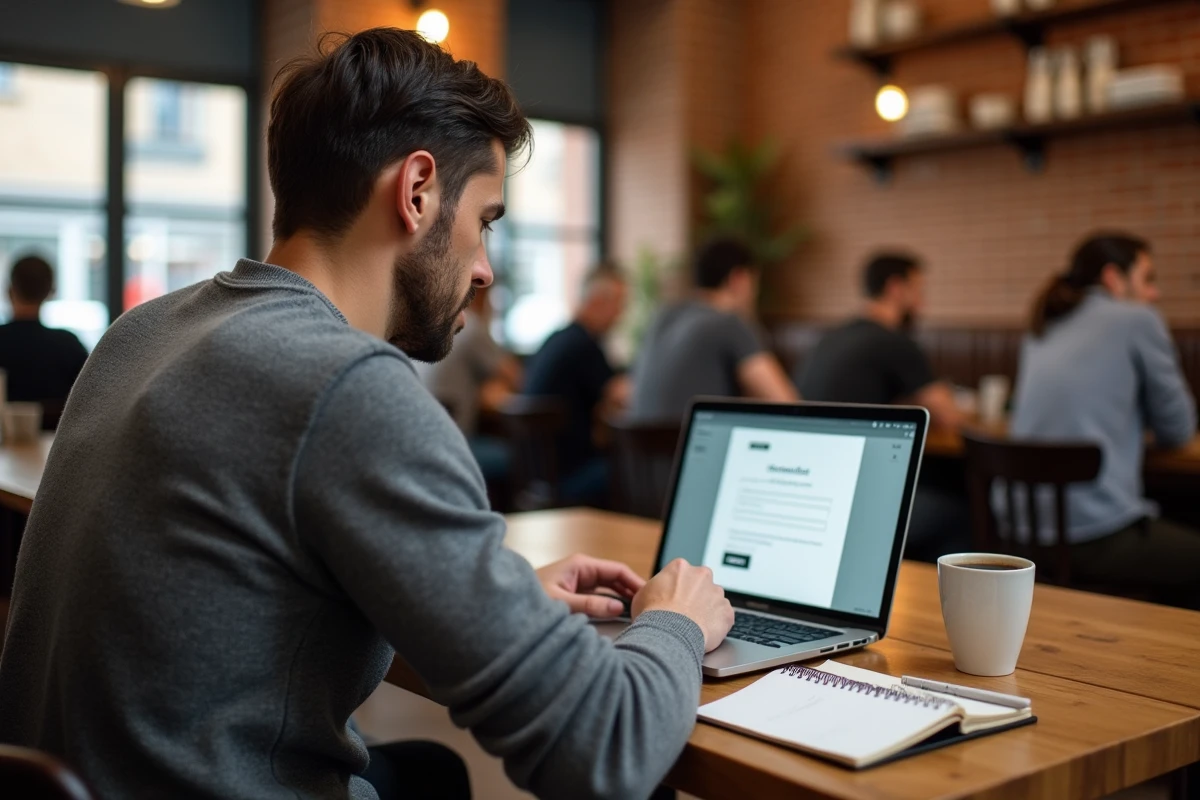 Homme rédigeant un email de réclamation sur un ordinateur portable dans un café pour contacter une entreprise en cas de doute