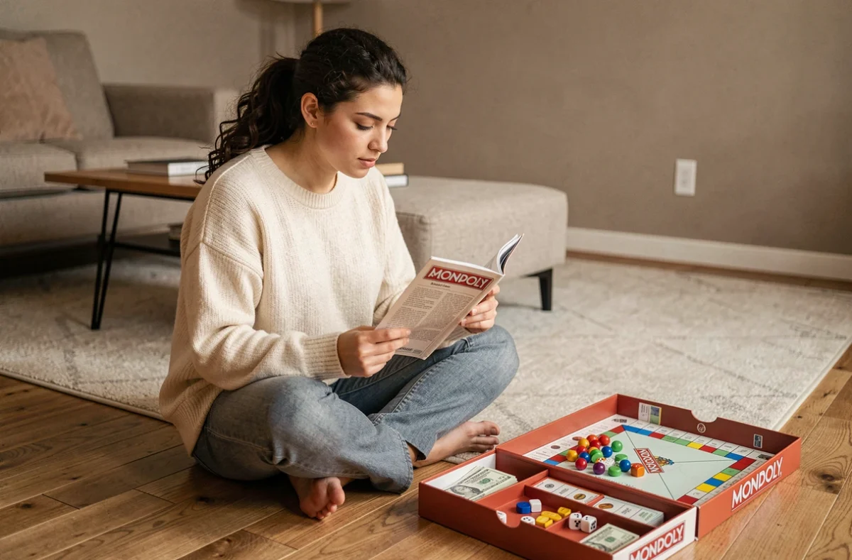 Jeune femme lisant le livret de règles du Monopoly classique posé devant le jeu ouvert