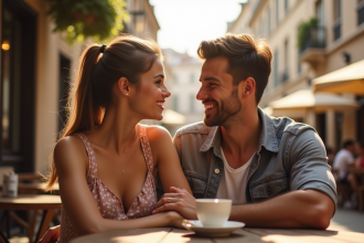 Jeune femme et homme souriants sur une terrasse à Mille