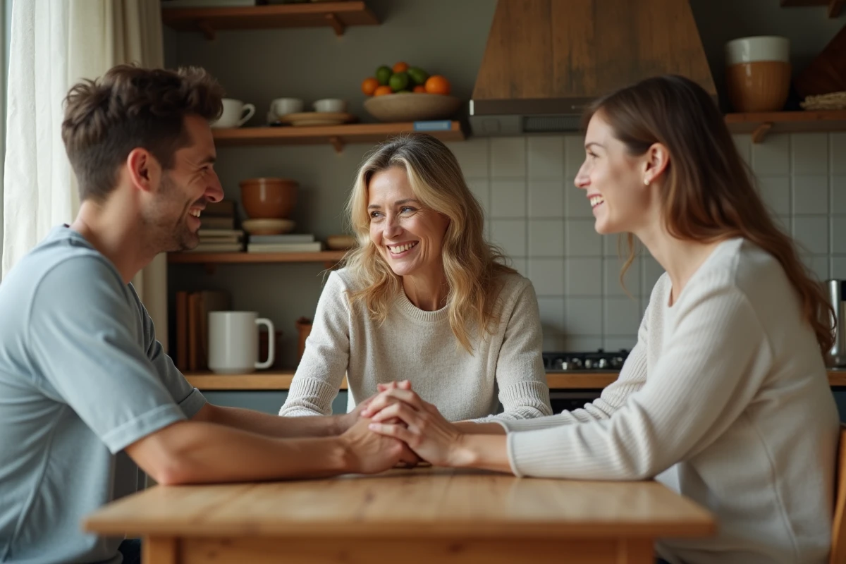 Femme et beaux-enfants souriant lors d’un repas familial à la maison