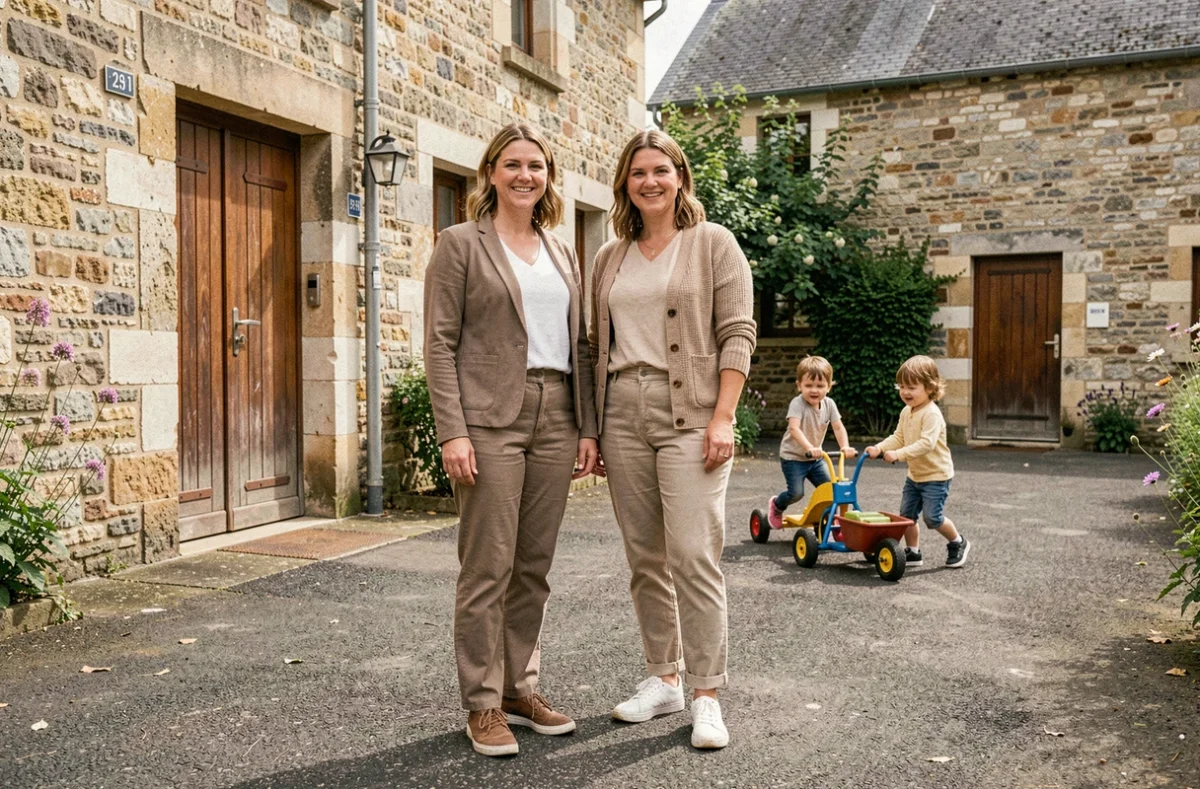 Deux assistantes maternelles du réseau Garder Mes Enfants à Tours dans une cour résidentielle pendant que des enfants jouent avec des jouets à roulettes