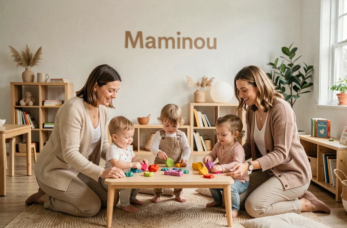 Groupe d'assistantes maternelles du réseau Maminou à Tours accompagnant des enfants lors d'une activité de pâte à modeler sensorielle