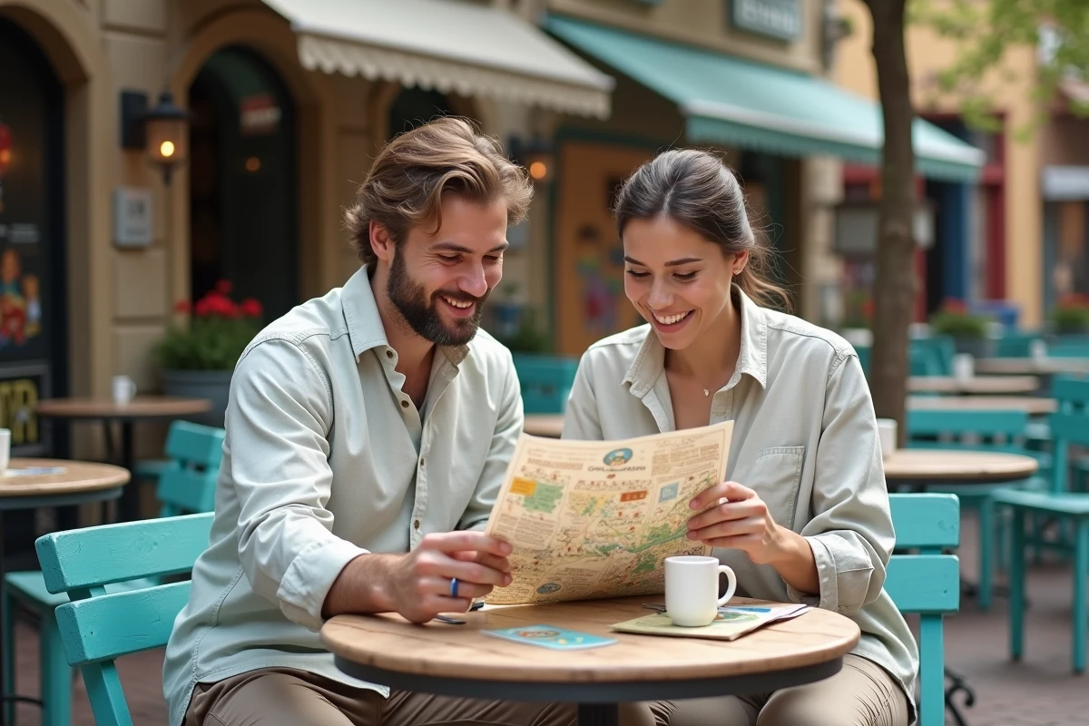 Couple consultant une carte du Parc des Schtroumpfs attablé dans un espace restauration du parc
