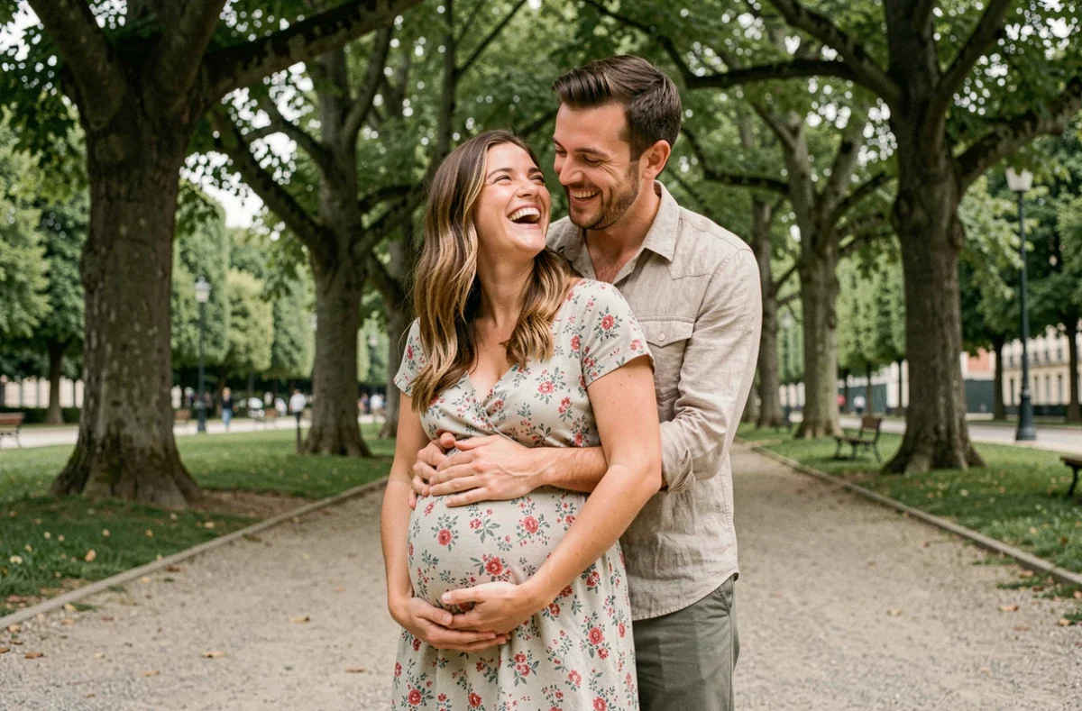 Séance photo grossesse en extérieur à Reims : couple attendant un bébé dans un parc