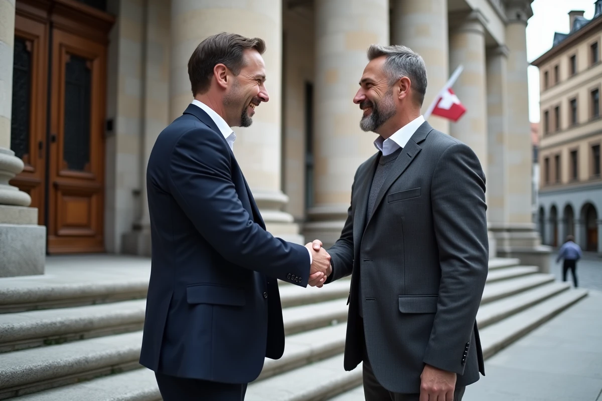Deux hommes se serrent la main devant un bâtiment suisse