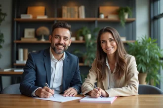 Deux adultes signent un document officiel dans un bureau moderne