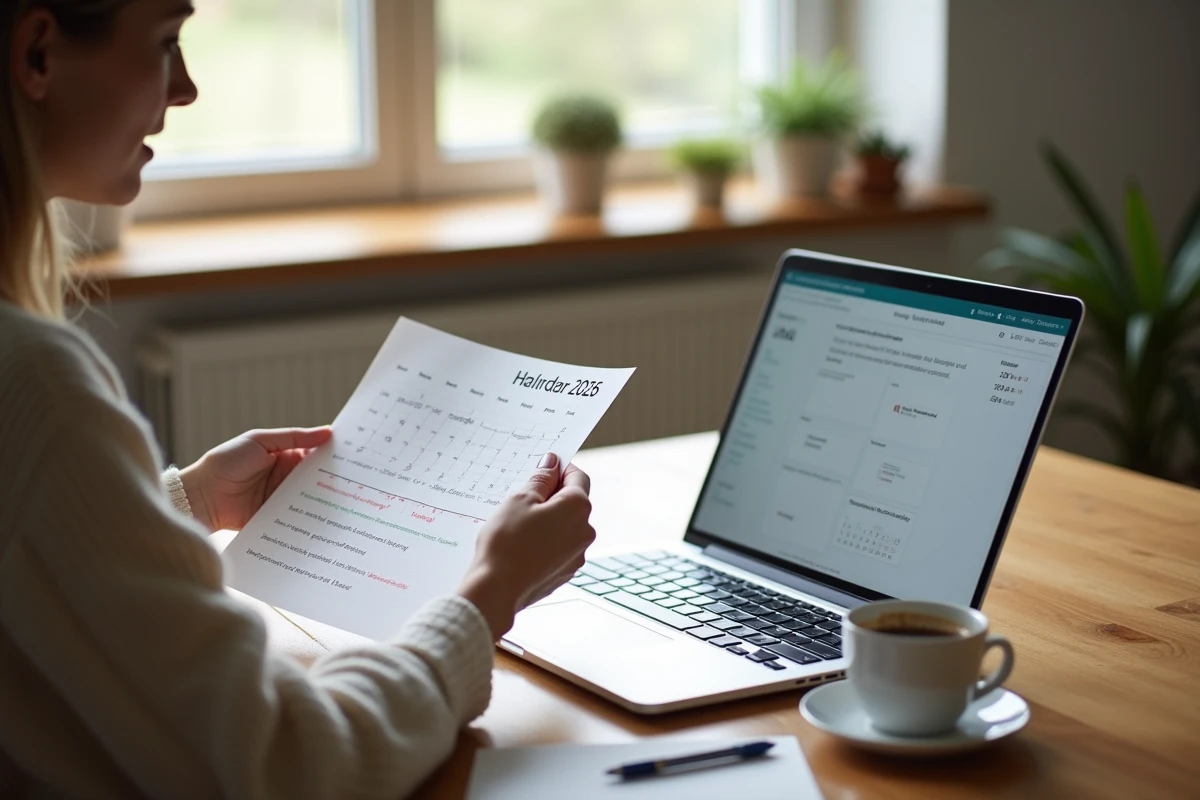 Femme consultant un simulateur de congés et le calendrier des vacances scolaires 2026 du Bade-Wurtemberg sur un ordinateur portable à la maison