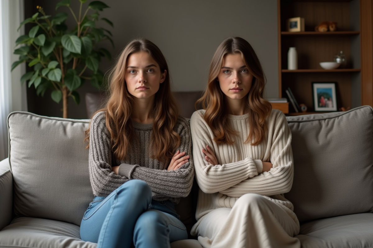 Deux soeurs adultes assises sur un canapé dans un salon moderne