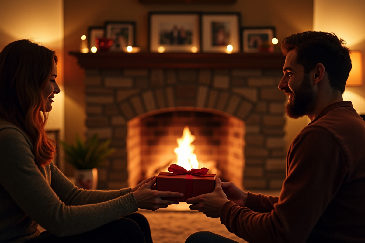 Couple échangeant des cadeaux près de la cheminée dans un salon chaleureux