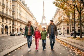 Famille heureuse se promenant dans les rues de Paris avec la Tour Eiffel en arrière-plan en automne
