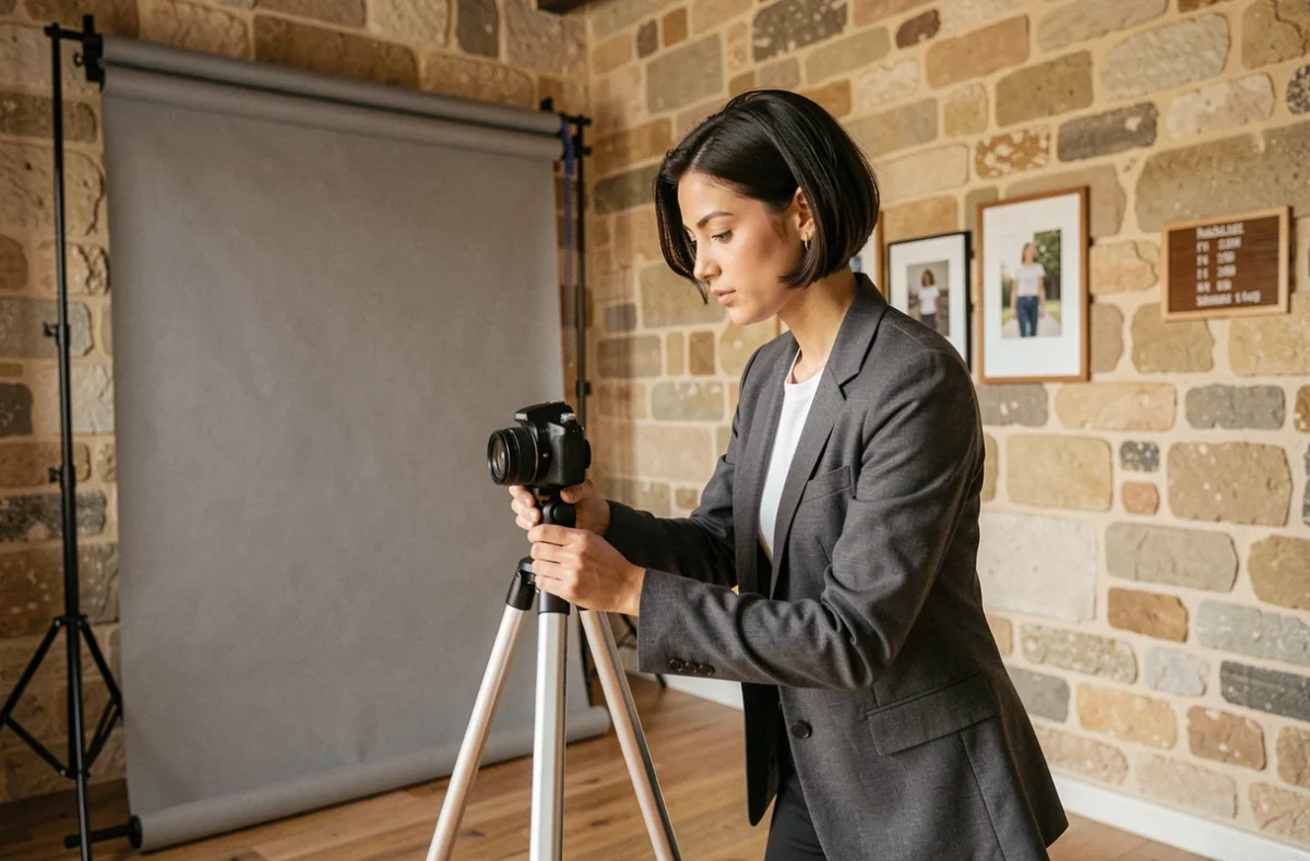 Photographe en studio à Carcassonne préparant une séance portrait dans un espace en pierre historique