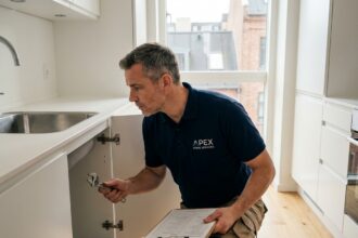Technicien de services à domicile inspectant l'évier d'une cuisine moderne dans un appartement à Val d'Europe