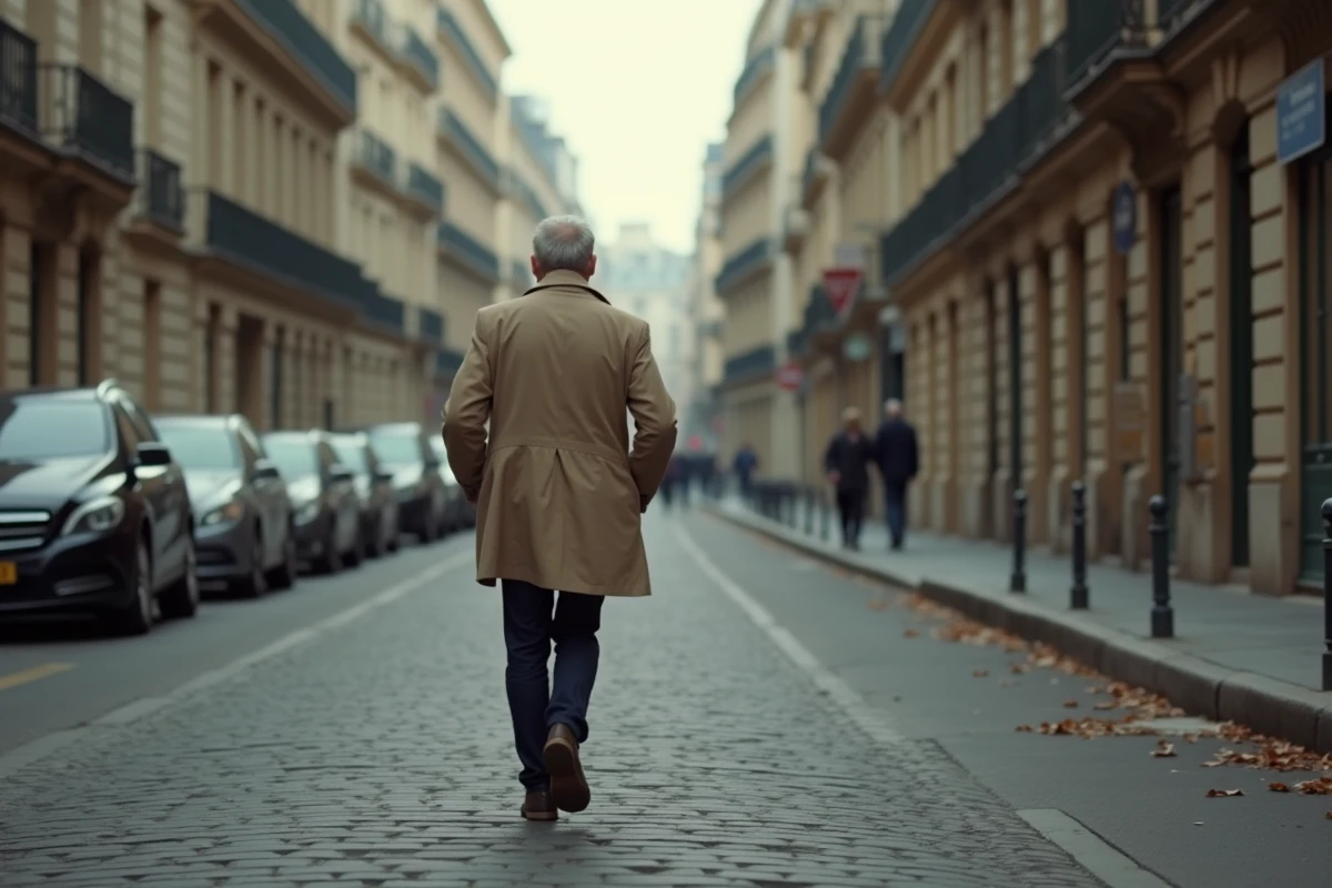Homme anonyme de dos marchant seul dans une rue parisienne en automne, évoquant le mystère autour de la vie privée d'une personnalité publique