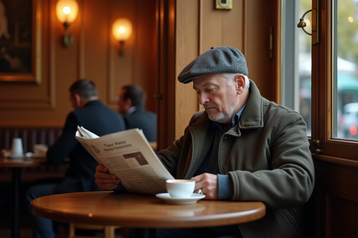 Homme lisant un journal dans une brasserie parisienne, symbolisant l'intimité préservée et la curiosité du public pour la vie privée d'une figure médiatique