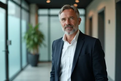 Portrait d'un homme discret en blazer marine dans un hall contemporain, illustrant l'intrigue autour de la vie privée de Thierry Cabannes