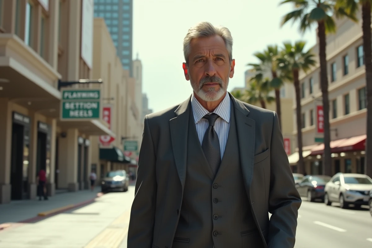 Acteur américain élégant marchant dans les rues de Los Angeles, illustrant la carrière hollywoodienne de Timothy Olyphant