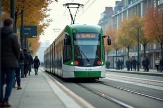 Tramway TAN à l'arrêt Orvault Le Cardo avec des passagers sur le quai