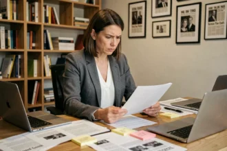 Journaliste analysant des documents et vérifications biographiques à son bureau éditorial