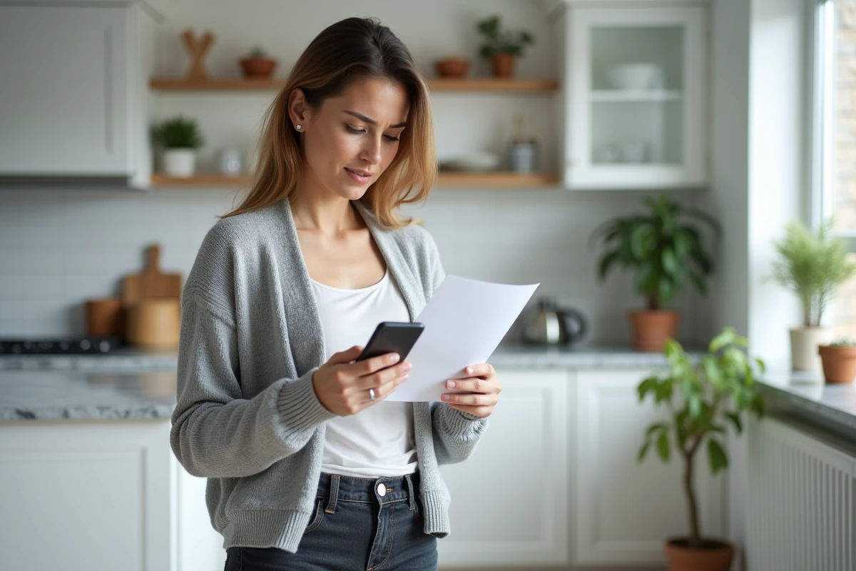 Femme consultant un document imprimé et son téléphone dans une cuisine pour vérifier comment contacter un service en cas de litige