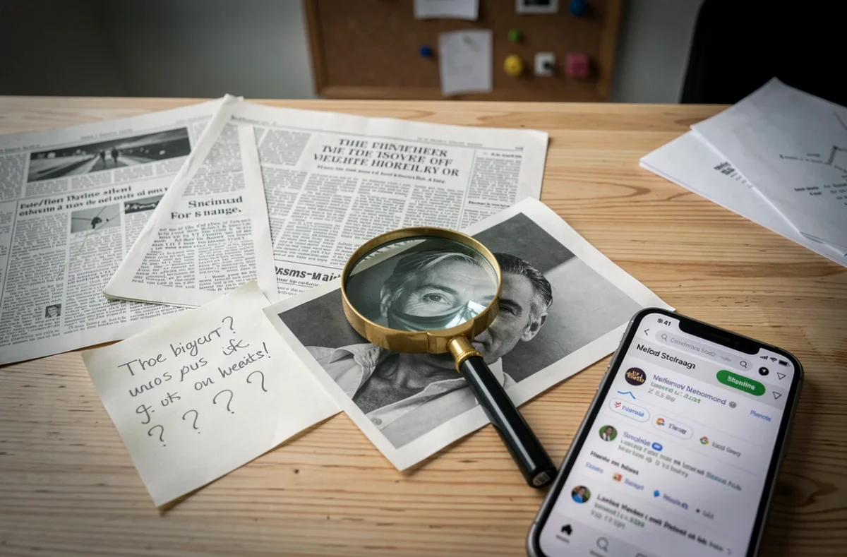 Vue aérienne d'un bureau de recherche avec coupures de presse, loupe et notes manuscrites pour vérification de faits