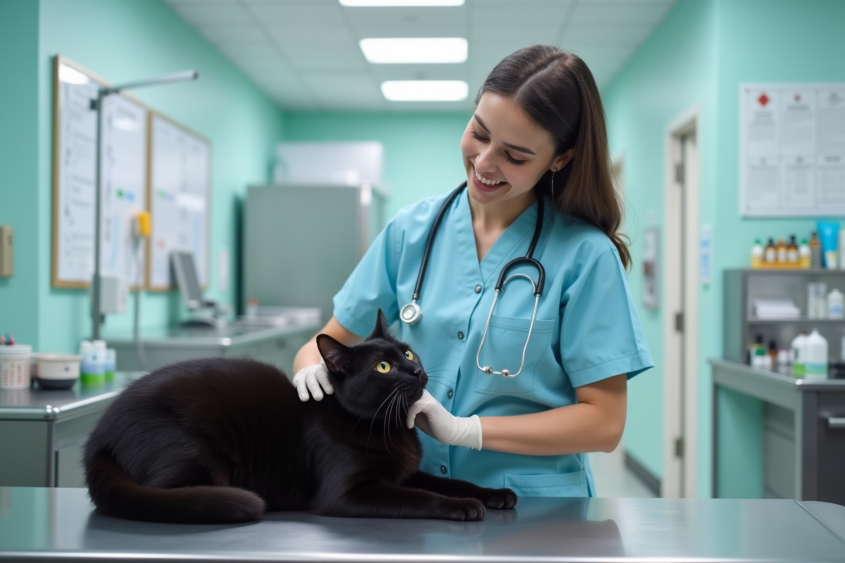 Vétérinaire examine un chat noir dans une clinique lumineuse