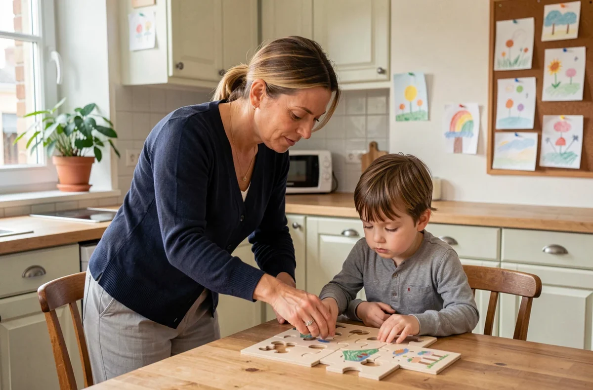 Virginie, assistante maternelle agréée à Tours Nord, aidant un enfant à assembler un puzzle en bois à la table de cuisine