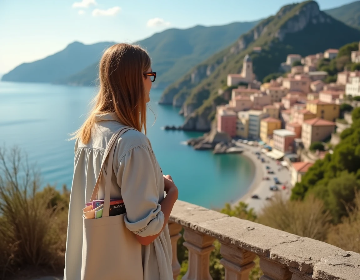 Voyageuse solo contemplant un panorama de ville côtière méditerranéenne depuis un belvédère lors de vacances en Europe petit budget