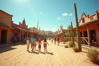 Vue panoramique du parc d'attractions Mer de Sable avec ses dunes de sable et décors Western, visiteurs en famille se promenant dans les allées.